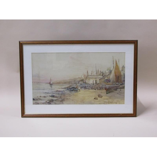 1239 - J Hughes Clayton - a fishing village, signed watercolour, framed and glazed, 26cm x 46cm.