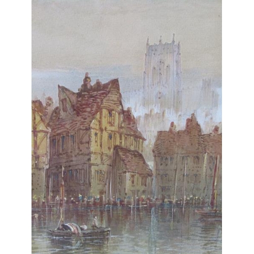 1240 - T Mortimer - Continental waterway with figures on the quayside, signed watercolour, framed and glaze... 