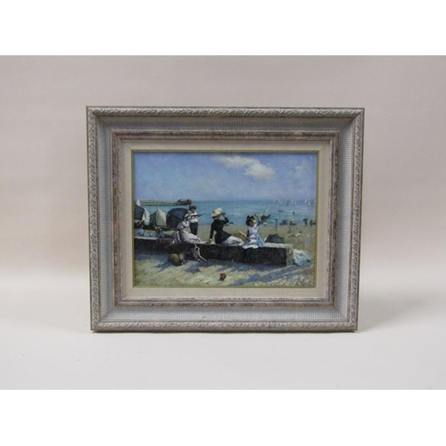 1242 - J Gaston - early 20c beach scene, signed, oil on board, framed, 29cm x 39cm.