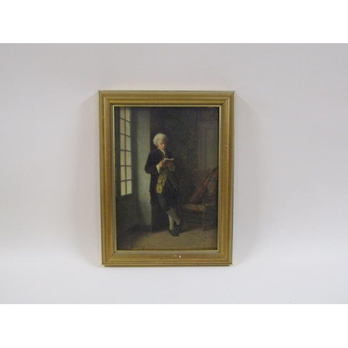 1245 - Duverger - late 18c gentleman standing and reading a book, signed oil on board, framed, 24cm x 17cm.