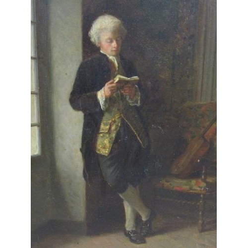 1245 - Duverger - late 18c gentleman standing and reading a book, signed oil on board, framed, 24cm x 17cm.