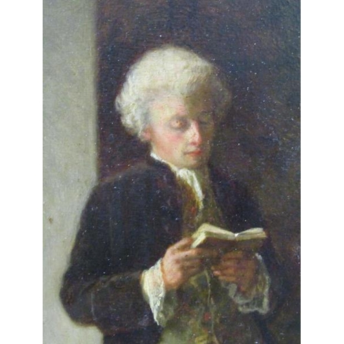 1245 - Duverger - late 18c gentleman standing and reading a book, signed oil on board, framed, 24cm x 17cm.