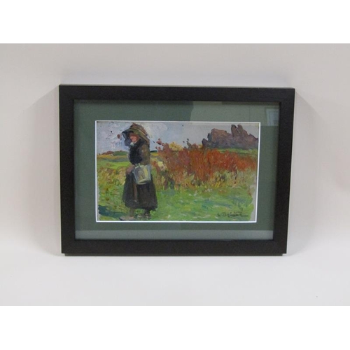 1246 - Henri Dabadie - lady carrying a water bucket, signed oil on board, framed, 14cm x 23cm.