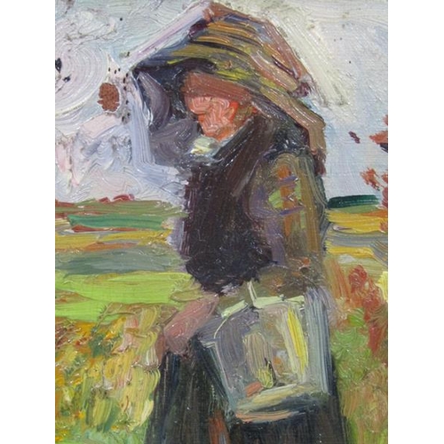 1246 - Henri Dabadie - lady carrying a water bucket, signed oil on board, framed, 14cm x 23cm.