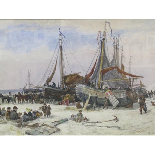 1247 - Alex Ballingall 1883 - Dutch fishing fleet unloading the catch,  signed and dated, framed and glazed... 