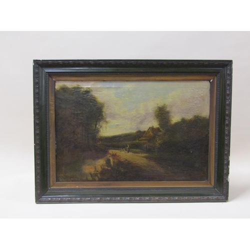 1249 - A pair, Signed indistinctly, 19c, lady on a pathway close to a roadside pond & a gentleman driving t... 