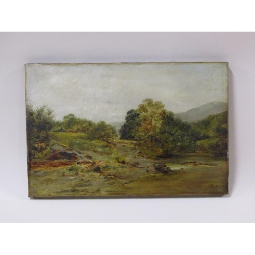 1254 - J Pool - Two figures close to the rocks on the banks of a river in a Northern landscape, signed, oil... 