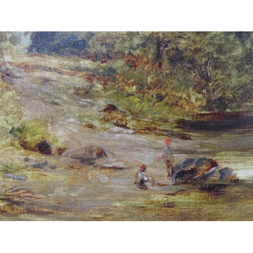 1254 - J Pool - Two figures close to the rocks on the banks of a river in a Northern landscape, signed, oil... 