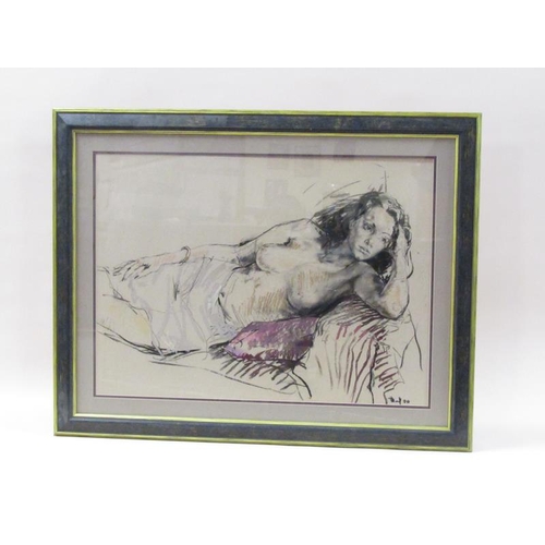 1270 - Valeriy Gridnev - portrait of a reclining nude female, signed in mono, chalk, framed and glazed, 54c... 