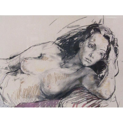 1270 - Valeriy Gridnev - portrait of a reclining nude female, signed in mono, chalk, framed and glazed, 54c... 