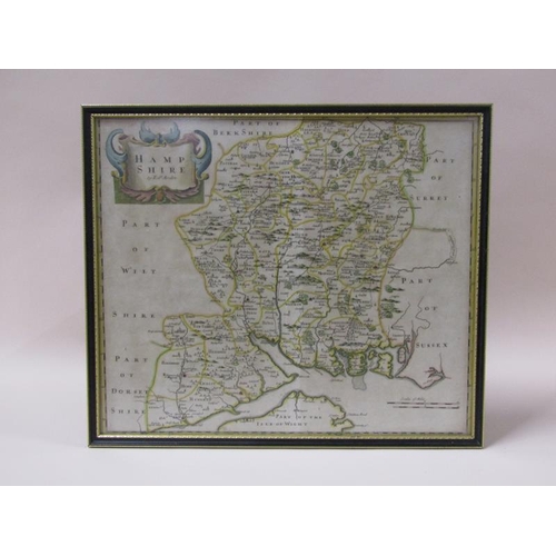 1274 - A Robert Morden map of Hampshire, part coloured, framed and glazed, (map border cut short), the map ... 