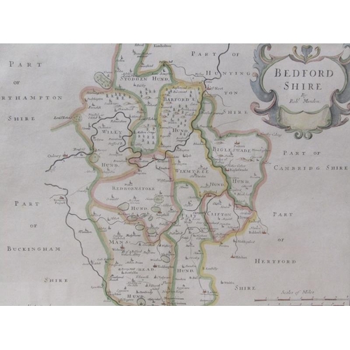 1279 - A Robert Morden map of Bedfordshire, part coloured, framed and glazed, the map 31cm x 41cm.