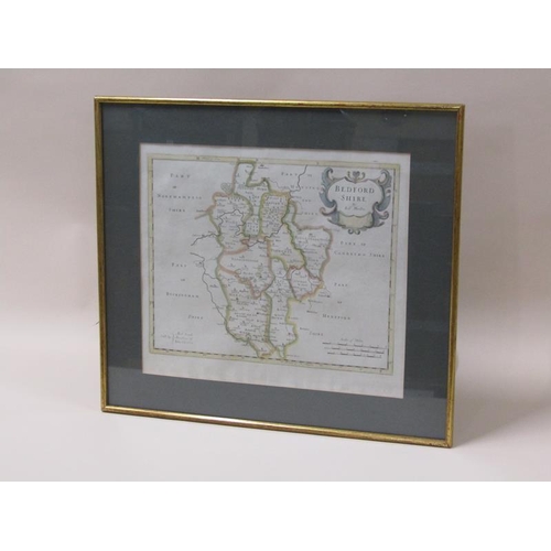 1279 - A Robert Morden map of Bedfordshire, part coloured, framed and glazed, the map 31cm x 41cm.