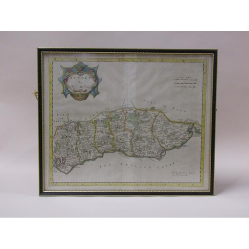 1281 - A Robert Morden map of Sussex, part coloured, framed and glazed, the map 34cm x 42cm.