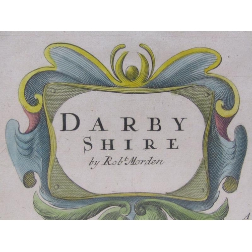 1282 - A Robert Morden map of Darby Shire, part coloured, framed and glazed, the map 36cm x 42cm.