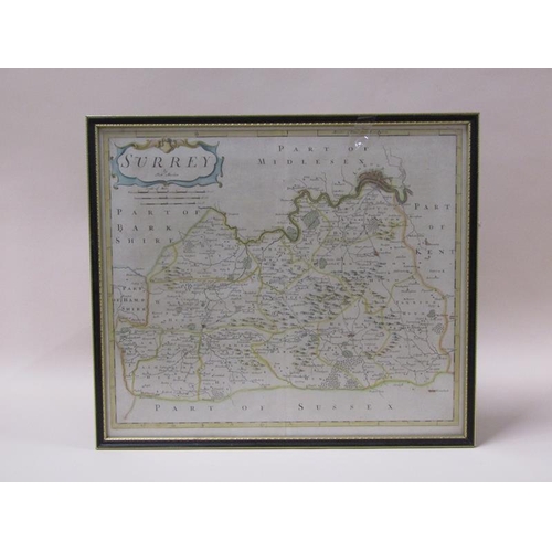 1283 - A Robert Morden map of Surrey, part coloured, framed and glazed, the map 35cm x 42cm.