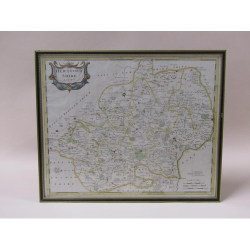 1285 - A Robert Morden map of Hertfordshire, part coloured, framed and glazed, the map 36cm x 45cm.