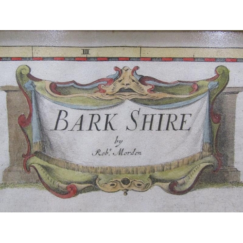 1287 - A Robert Morden map of Bark Shire, part coloured, framed and glazed, the map 35cm x 41cm.