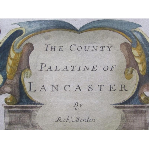 1288 - A Robert Morden map, The County Palatine of Lancaster, part coloured, framed and glazed, the map 36c... 