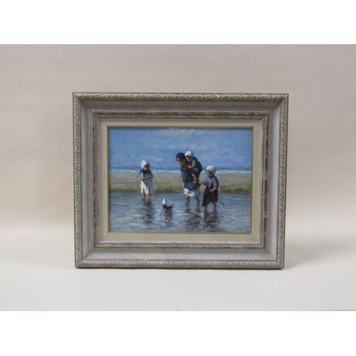 1242A - J Gaston - children with their sailing boat on the beach, signed, oil on board, framed, 29cm x 39cm.