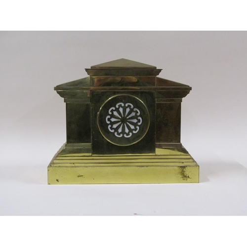 1324 - A late 19c French mantel clock in architectural polished brass case, the 12cm dial flanked by fluted... 