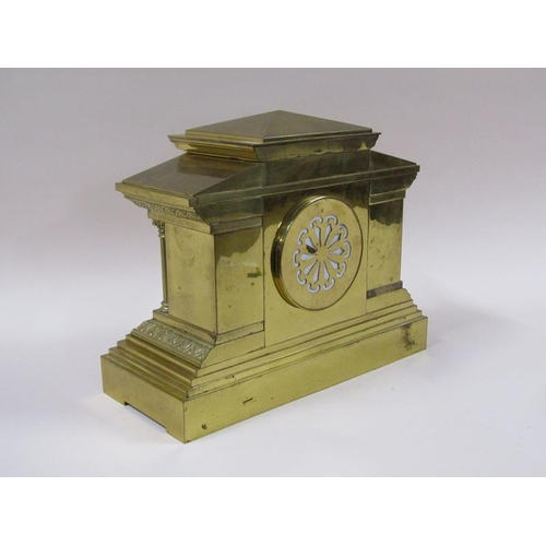 1324 - A late 19c French mantel clock in architectural polished brass case, the 12cm dial flanked by fluted... 