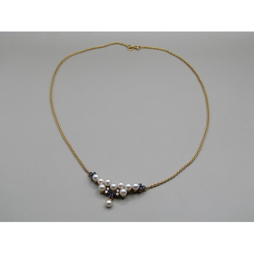 1616 - A gold diamond sapphire and pearl set pendant necklet with a 9ct gold chain.