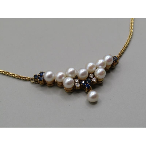 1616 - A gold diamond sapphire and pearl set pendant necklet with a 9ct gold chain.