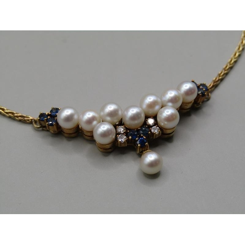 1616 - A gold diamond sapphire and pearl set pendant necklet with a 9ct gold chain.