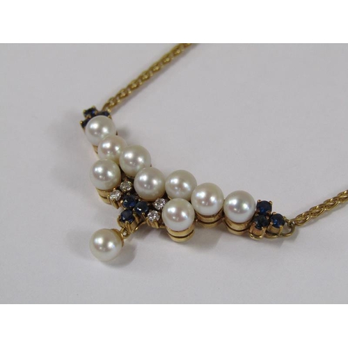 1616 - A gold diamond sapphire and pearl set pendant necklet with a 9ct gold chain.