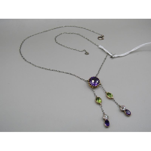 1619 - An Edwardian platinum amethyst peridot and diamond set Suffragette necklace.