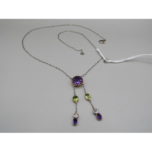 1619 - An Edwardian platinum amethyst peridot and diamond set Suffragette necklace.