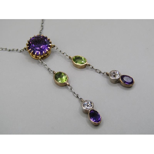 1619 - An Edwardian platinum amethyst peridot and diamond set Suffragette necklace.