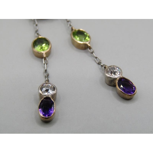 1619 - An Edwardian platinum amethyst peridot and diamond set Suffragette necklace.