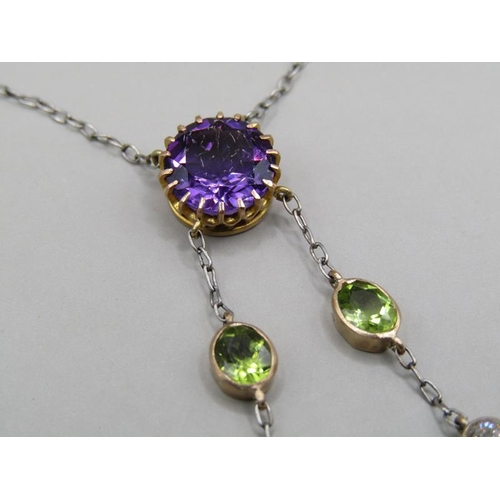 1619 - An Edwardian platinum amethyst peridot and diamond set Suffragette necklace.