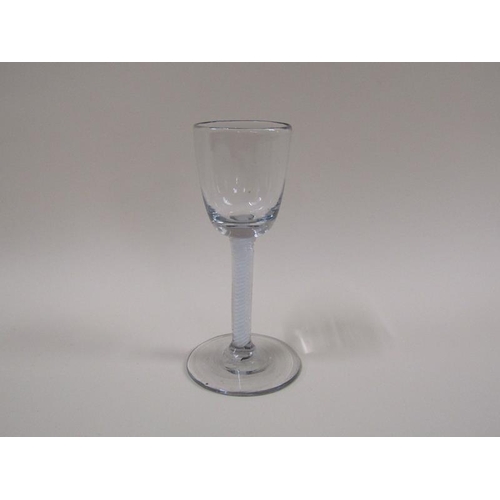 1883 - An 18c wine glass with a round funnel bowl on double series opaque twist stem - pair of spiral tapes... 