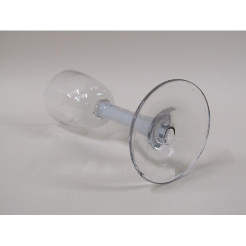 1883 - An 18c wine glass with a round funnel bowl on double series opaque twist stem - pair of spiral tapes... 