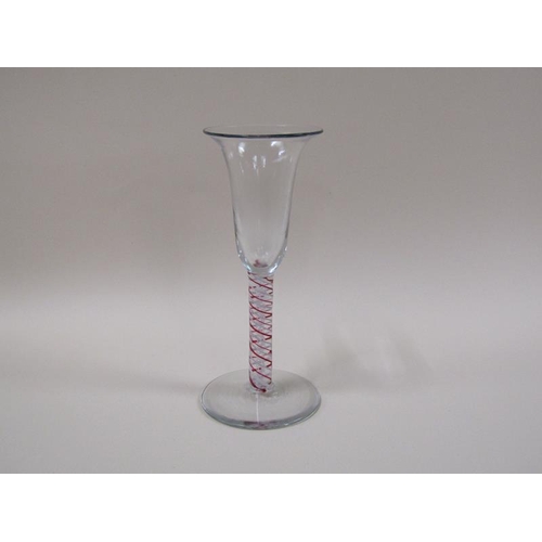 1886 - A late 18c/early 19c  wine glass with bell shaped bowl on a red and opaque white triple series stem ... 