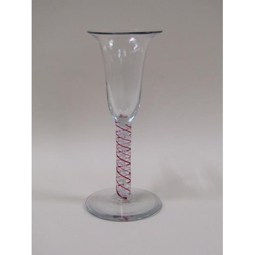 1886 - A late 18c/early 19c  wine glass with bell shaped bowl on a red and opaque white triple series stem ... 