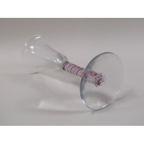 1886 - A late 18c/early 19c  wine glass with bell shaped bowl on a red and opaque white triple series stem ... 