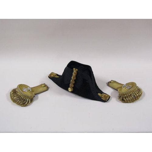 1420 - A late 19c/early 20c Royal Navy Bi-corn hat, black felt with gilt braid together with a pair of epau... 