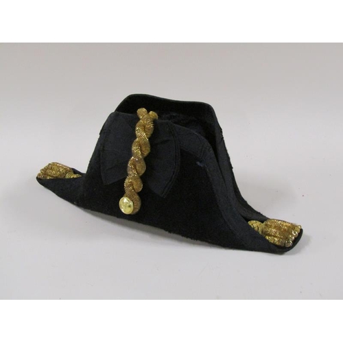 1420 - A late 19c/early 20c Royal Navy Bi-corn hat, black felt with gilt braid together with a pair of epau... 