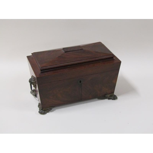 1453 - A William IV period figured mahogany two compartment tea caddy with mixing bowl recess, of sarcophag... 