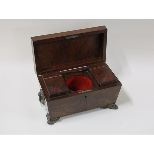 1453 - A William IV period figured mahogany two compartment tea caddy with mixing bowl recess, of sarcophag... 