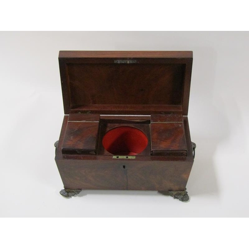 1453 - A William IV period figured mahogany two compartment tea caddy with mixing bowl recess, of sarcophag... 