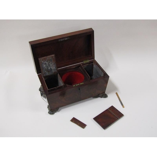 1453 - A William IV period figured mahogany two compartment tea caddy with mixing bowl recess, of sarcophag... 