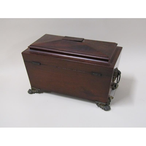 1453 - A William IV period figured mahogany two compartment tea caddy with mixing bowl recess, of sarcophag... 