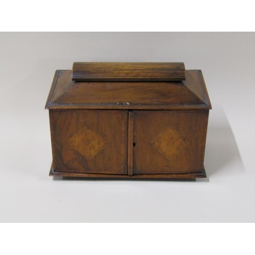 1454 - A 19c mahogany two drawer tea chest, enclosed by two hinge doors, 27cm w.