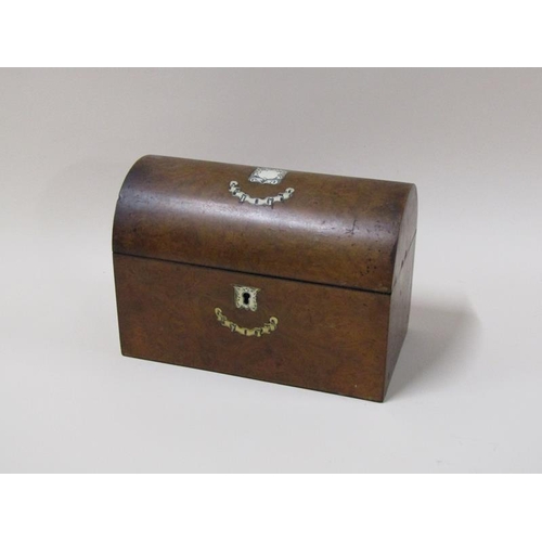 1457 - A 19c burr wood dome top two compartment tea caddy with white bone inlay, 20cm w.