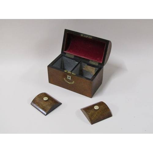 1457 - A 19c burr wood dome top two compartment tea caddy with white bone inlay, 20cm w.